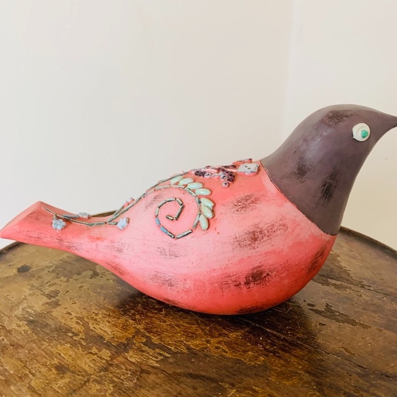 Adorable Pink & Brown Hand Carved, Hand Painted Solid Wooden 9"x 5" Bird - Picture 2 of 6
